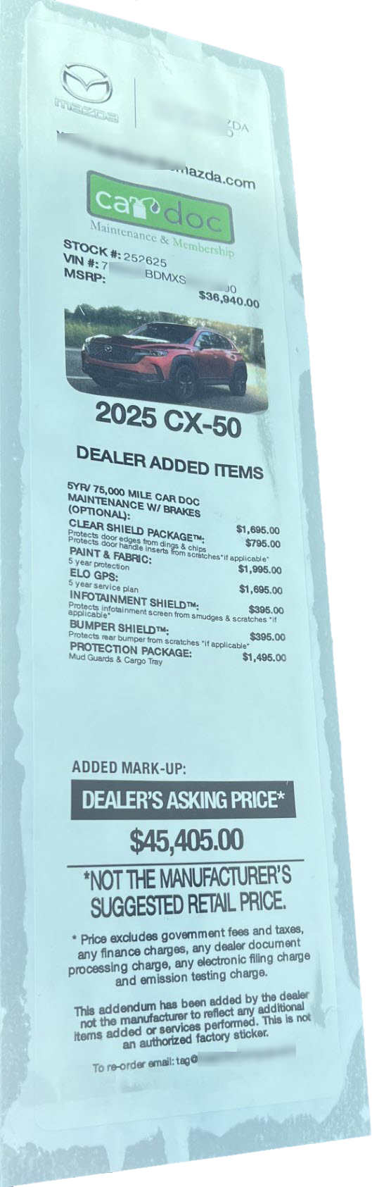 Auto Dealer Added Items Sticker.